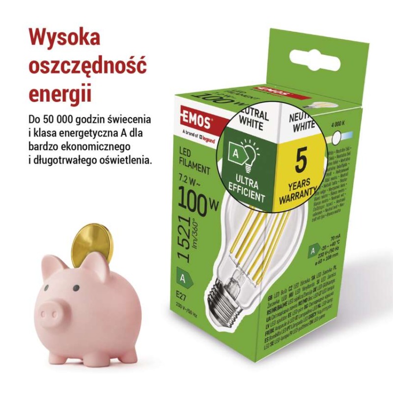 Żarówka LED Filament A60 A CLASS/ E27 / 7,2 W (100 W) / 1521 lm / neutralna biel