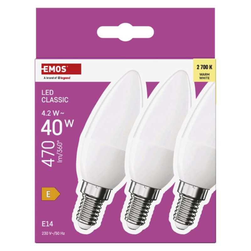 LED spuldze Classic Candle / E14 / 4,2 W (40 W) / 470 lm / Silti balta