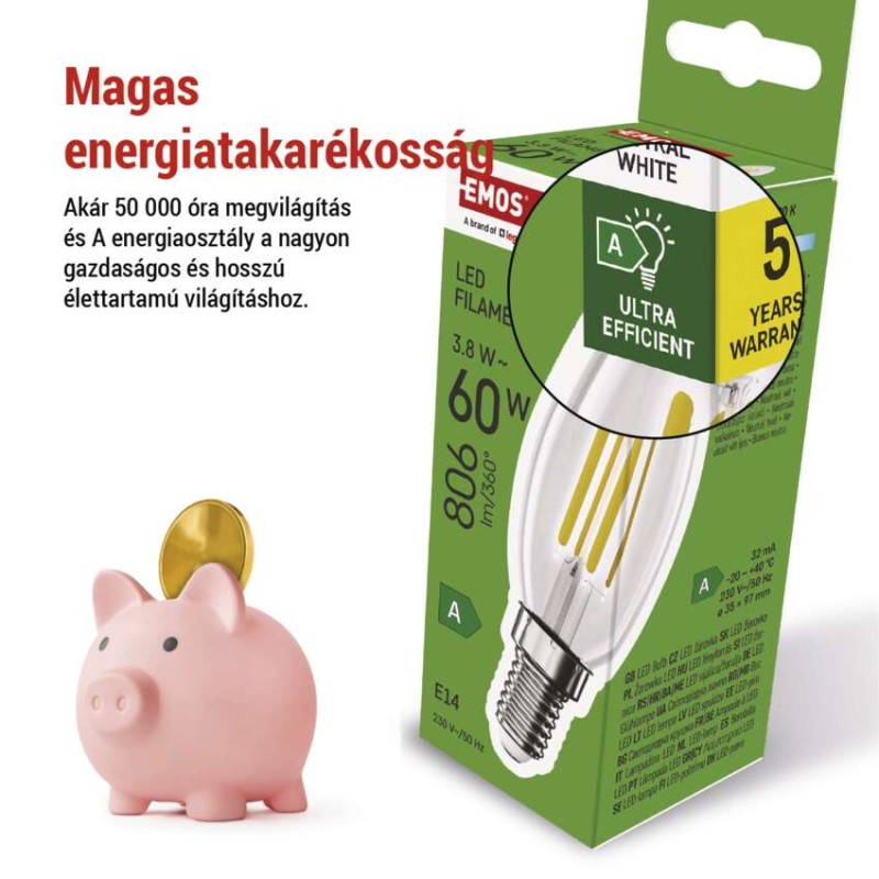 LED izzó Filament gyertya A CLASS/ E14 / 3,8 W (60 W) / 806 lm / természetes fehér