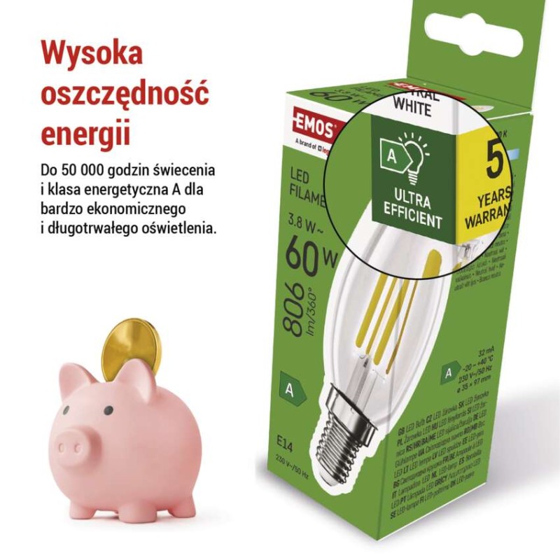 Żarówka LED Filament świeczka  A CLASS/ E14 / 3,8 W (60 W) / 806 lm / neutralna biel