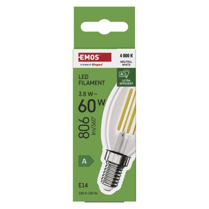 LED žárovka Filament svíčka A CLASS / E14 / 3,8 W (60 W) / 806 lm / neutrální bílá