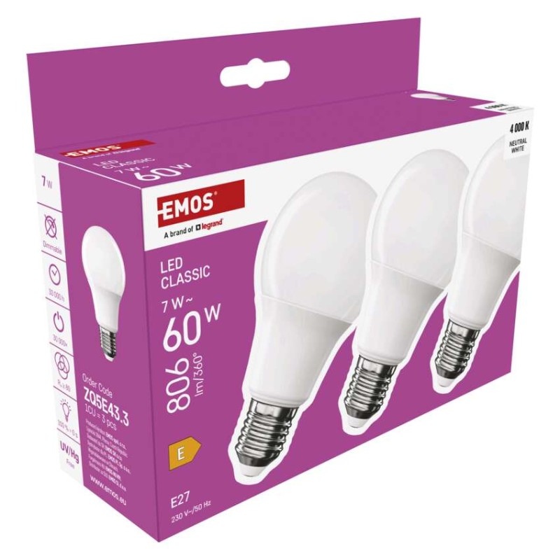 LED žárovka Classic A60 / E27 / 7 W  (60 W) / 806 lm / neutrální bílá