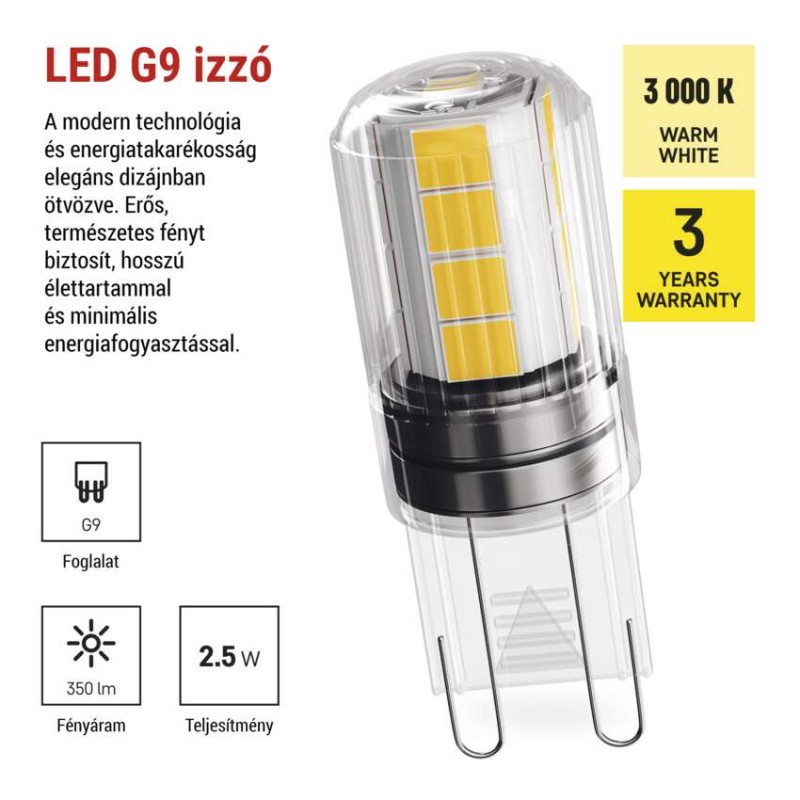 LED izzó Classic JC / G9 / 2,5 W (32 W) / 350 lm / meleg fehér 