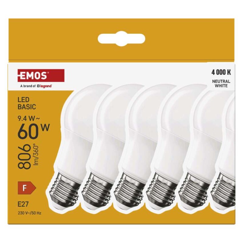 LED izzó Basic A60 / E27 / 9,4 W (60 W) / 806 lm / Természetes fehér