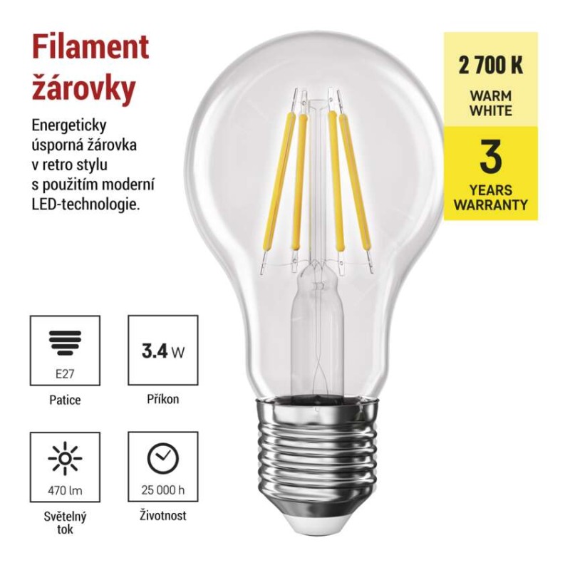 LED žárovka Filament A60 / E27 / 3,4 W (40 W) / 470 lm / teplá bílá