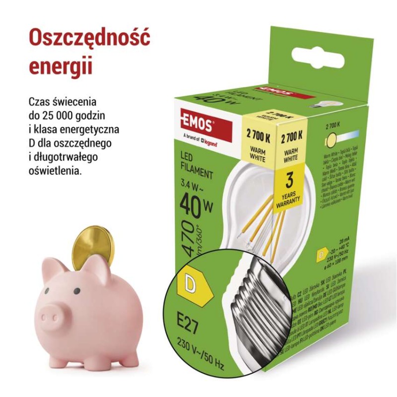 Żarówka LED Filament A60 / E27 / 3,4 W (40 W) / 470 lm / 470 lm / ciepła biel
