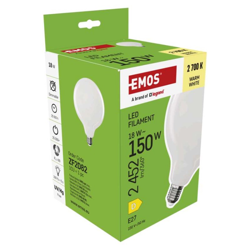 LED pirn Filament G125 / E27 / 18 W (150 W) / 2452 lm / Soe valge