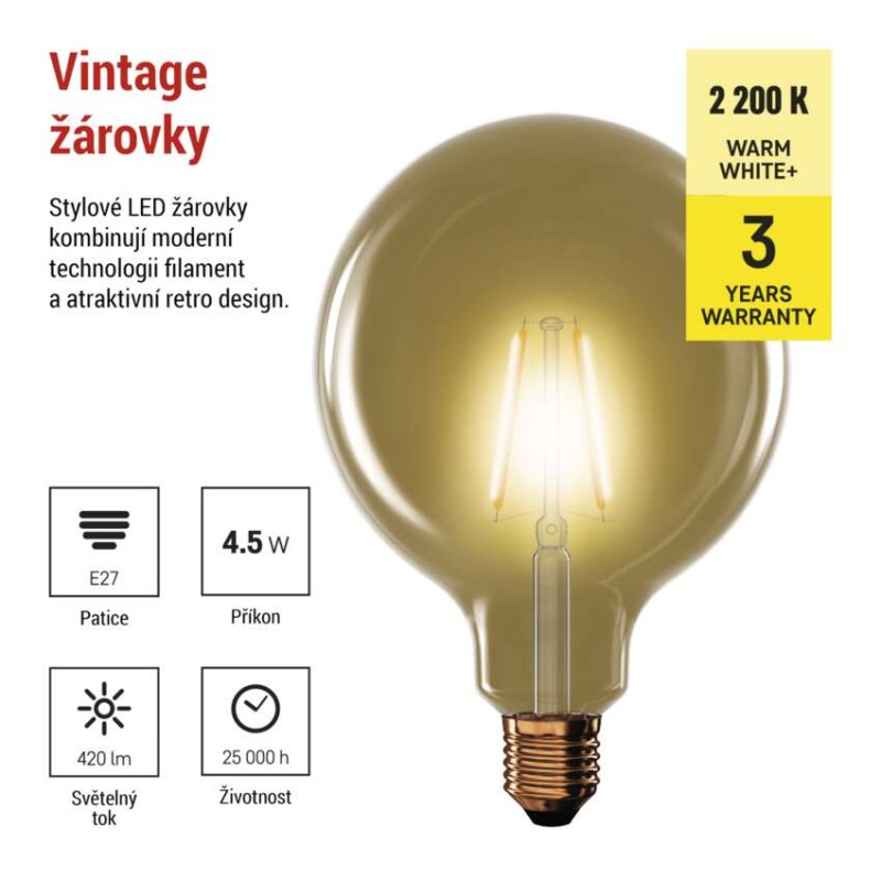 LED žárovka Vintage G125 / E27 / 4,5 W (40 W) / 420 lm / teplá bílá