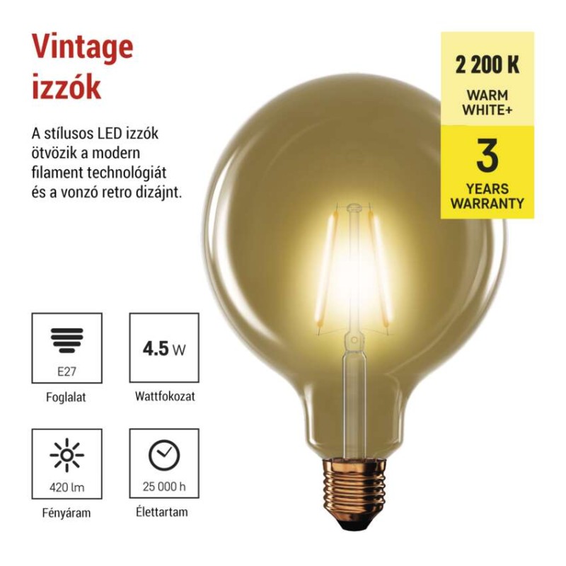 LED izzó Vintage G125 / E27 / 4,5 W (40 W) / 420 lm / Meleg fehér