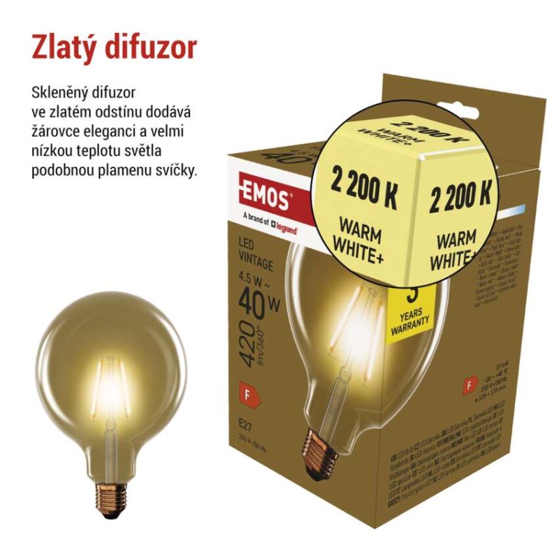 LED žárovka Vintage G125 / E27 / 4,5 W (40 W) / 420 lm / teplá bílá