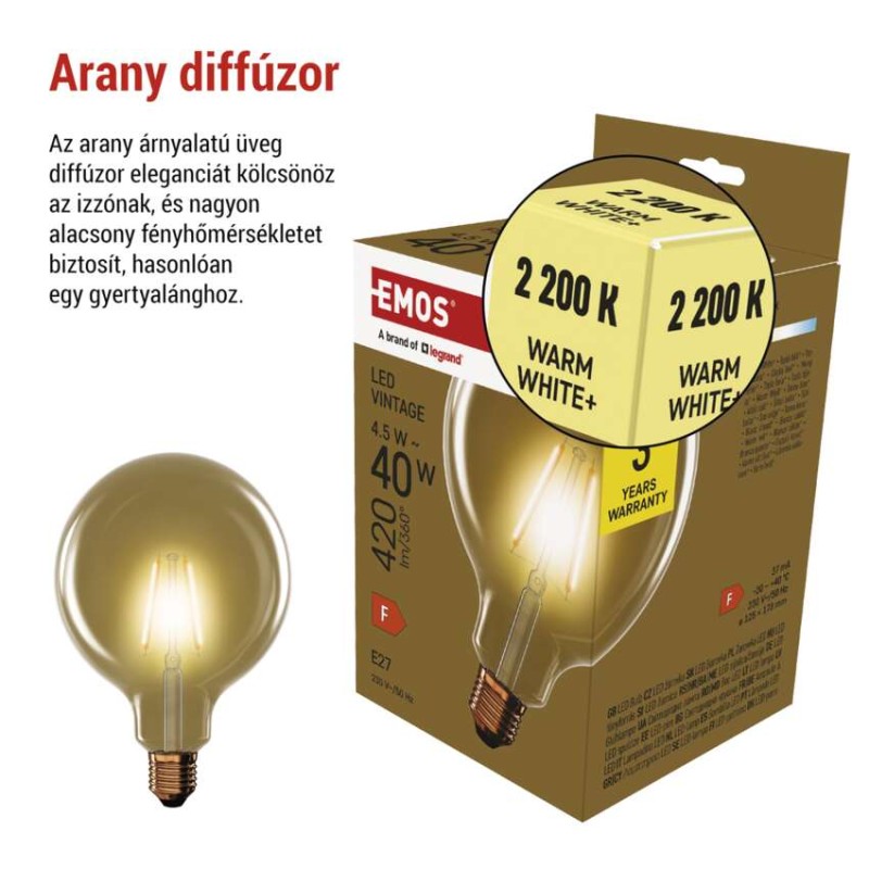 LED izzó Vintage G125 / E27 / 4,5 W (40 W) / 420 lm / Meleg fehér