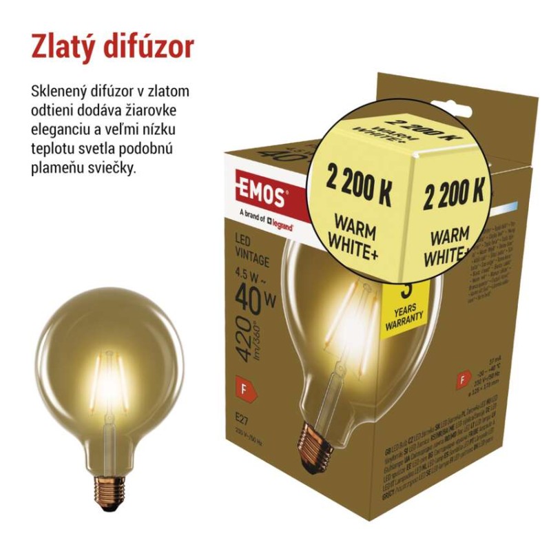 LED žiarovka Vintage G125 / E27 / 4,5 W (40 W) / 420 lm / Teplá biela