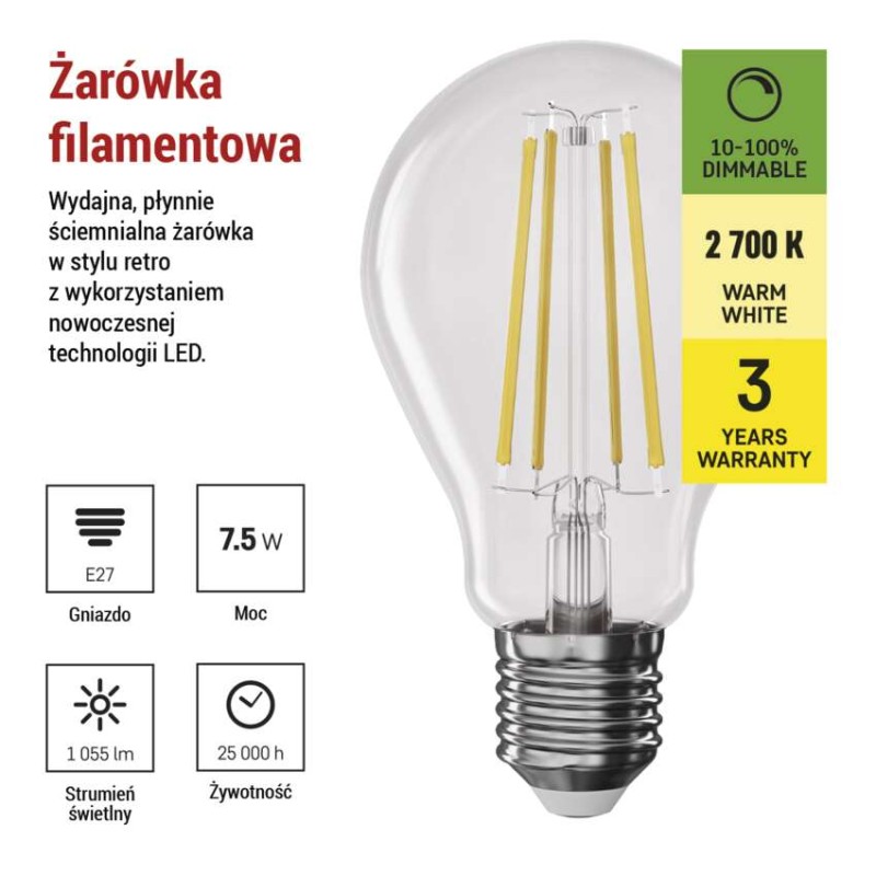 Żarówka LED Filament A60/ E27 / 7,5 W (75 W) / 1 055 lm /ciepła biel / ściemnialna