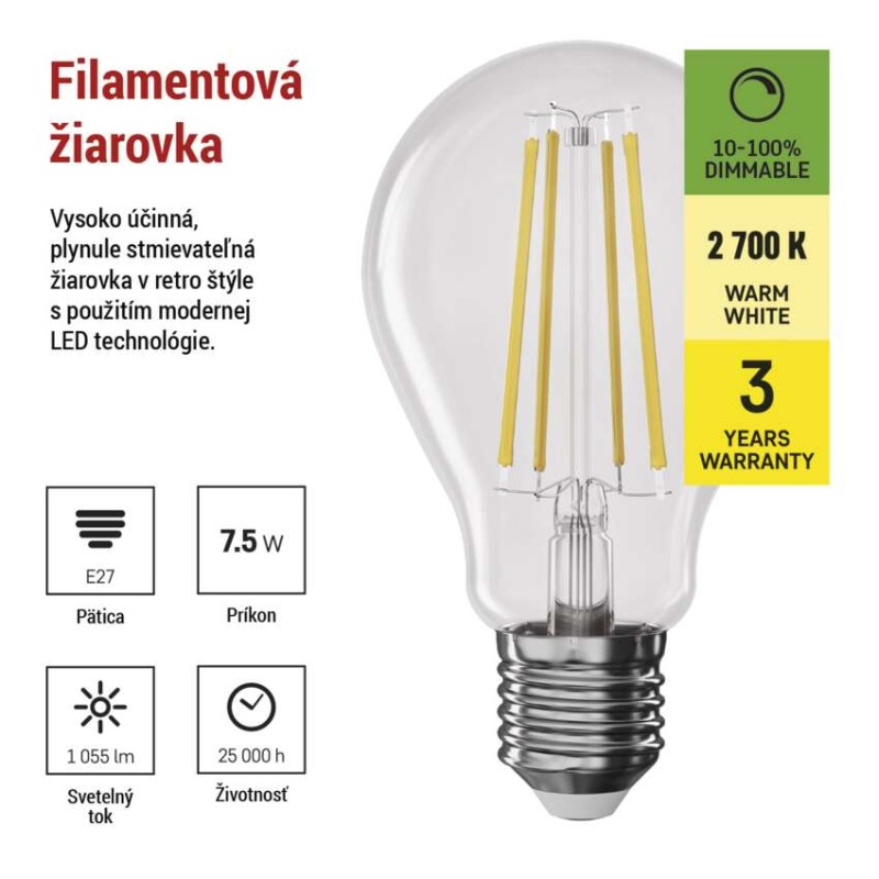 LED žiarovka Filament A60/ E27 / 7,5 W (75 W) / 1 055 lm / teplá biela / stmievateľné