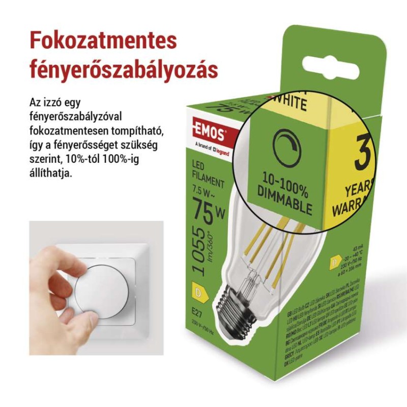 LED izzó Filament A60 / E27 / 7,5 W (75 W) / 1 055 lm / meleg fehér / dimmelhető