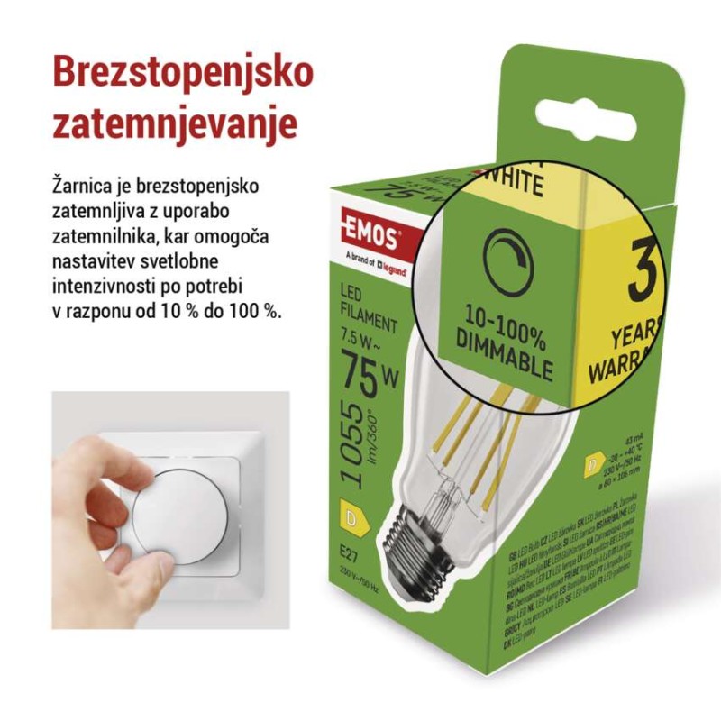 LED žarnica Filament A60/ E27 / 7,5 W (75 W) / 1 055 lm / toplo bela / zatemnitev