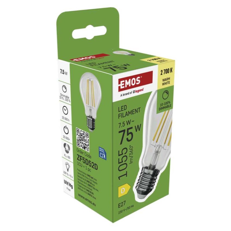 LED pirn Filament A60 / E27 / 7,5 W (75 W) / 1 055 lm / soe valge / dimmerdatav