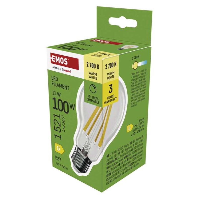 LED pirn Filament A60/ E27 / 11 W (100 W) / 1 521 lm / warm white / dimmerdatav