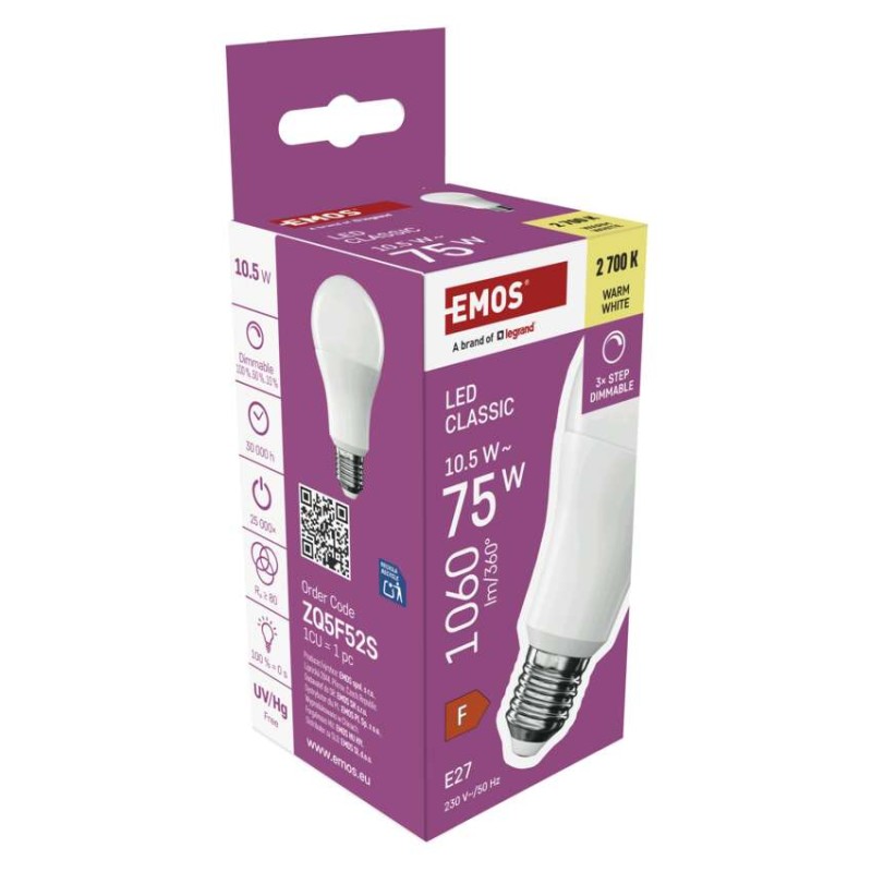 LED žiarovka Classic A60/ E27 / 10,5 W (75 W) / 1 060 lm / teplá b./krokovo stmievateľné