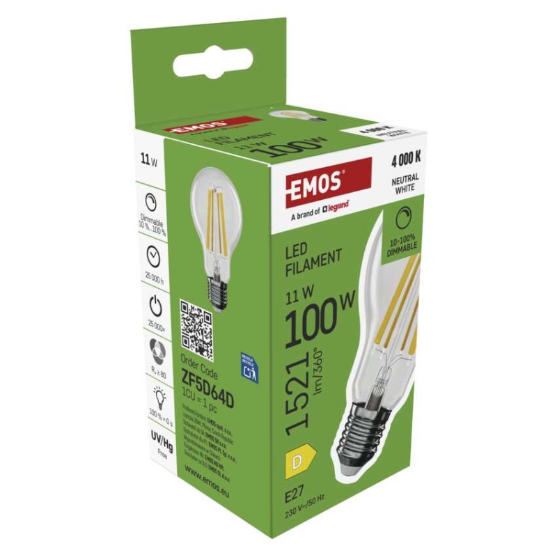 LED izzó Filament A60 / E27 / 11 W (100 W) / 1 521 lm / Természetes fehér / dimmelhető