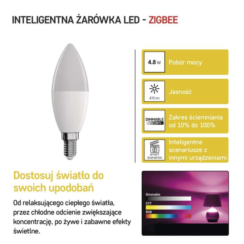 GoSmart Żarówka LED świeczka / E14 / 4,8 W (40 W) / 470 lm / RGB / ściemnialna / Zigbee