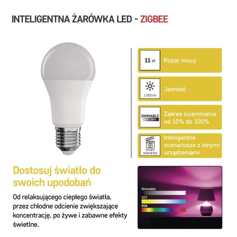 GoSmart Żarówka LED A60 / E27 / 11 W (75 W) / 1 050 lm / RGB / ściemnialna / Zigbee