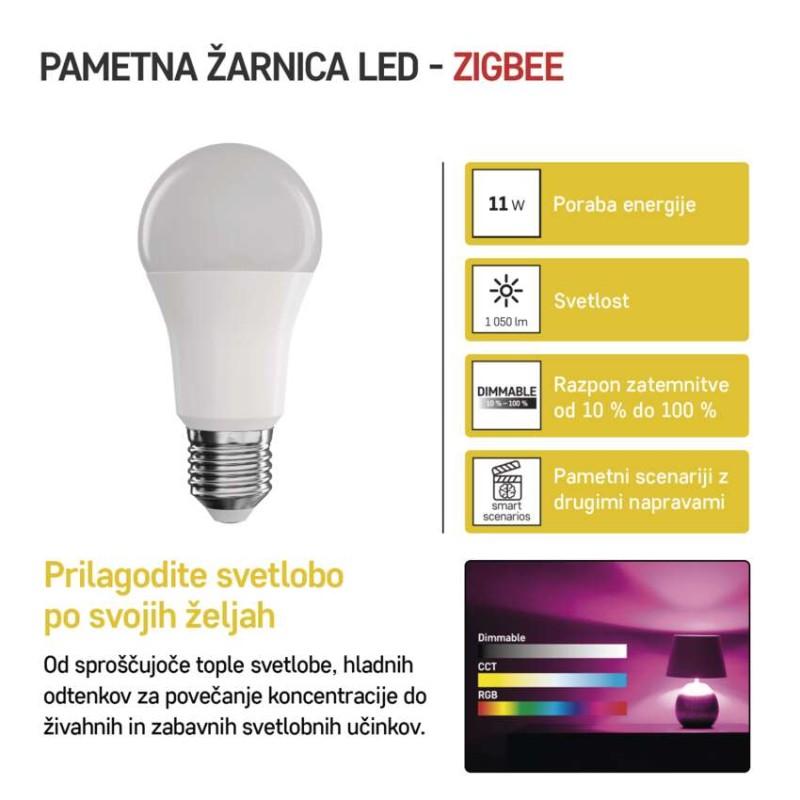 LED žarnica GoSmart A60 / E27 / 11 W (75 W) / 1 050 lm / RGB / zatemnilna / Zigbee