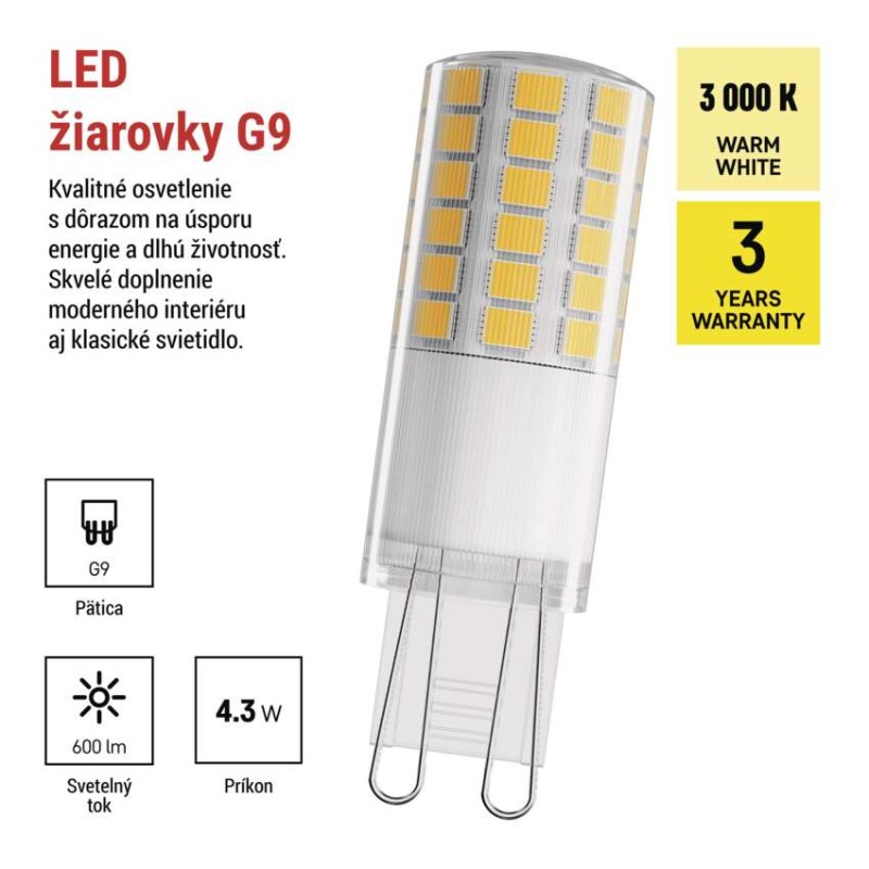 LED žiarovka Classic JC / G9 / 4,3 W (48 W) / 600 lm / Teplá biela