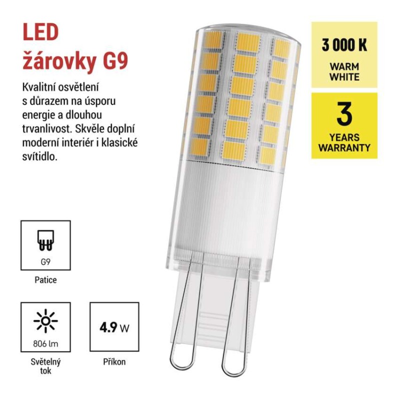 LED žárovka Classic JC / G9 / 4,9 W (60 W) / 806 lm / teplá bílá
