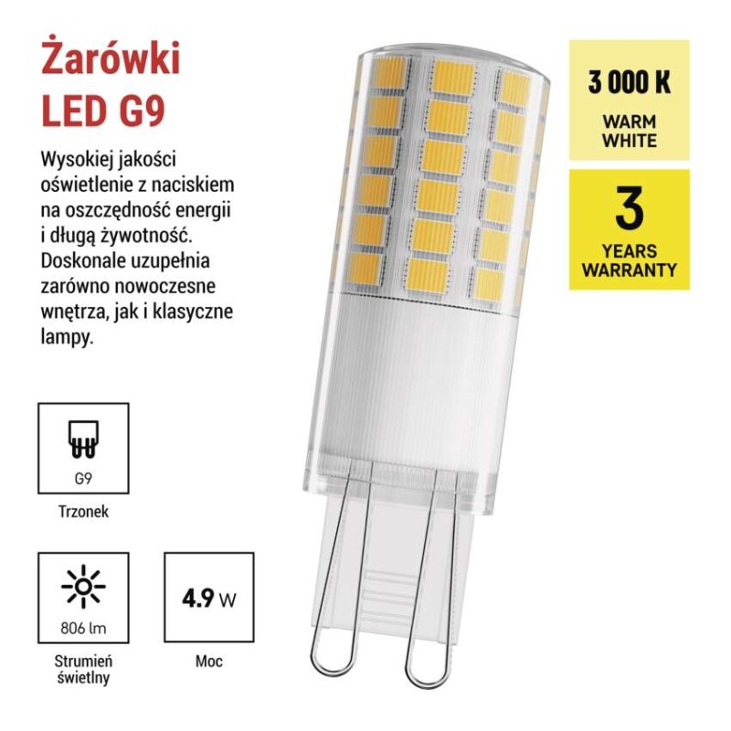 Żarówka LED Classic JC / G9 / 4,9W (60 W) / 806 lm / Ciepła biel