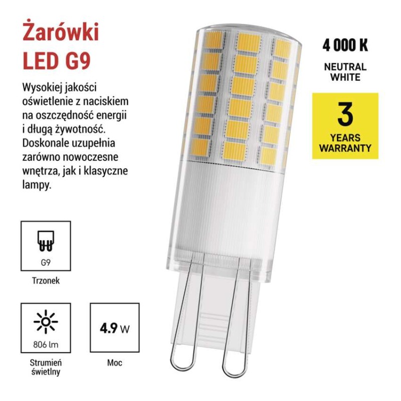 Żarówka LED Classic JC / G9 / 4,9W (60 W) / 806 lm / Neutralna biel