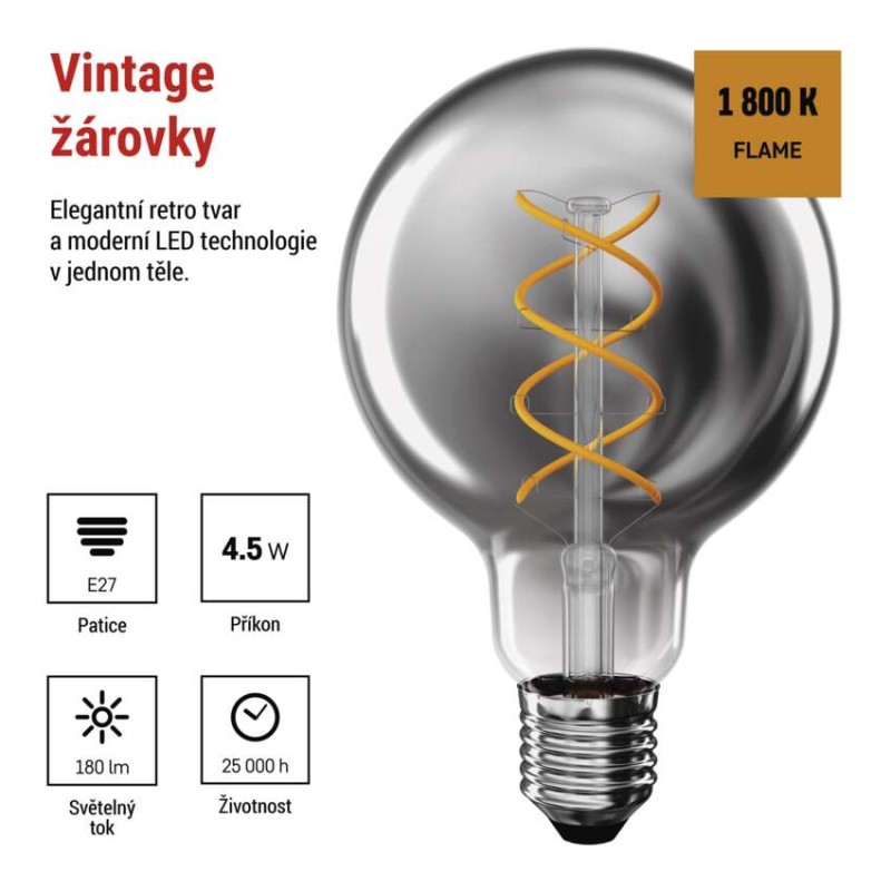 LED žárovka DECO SMOKED G95 / E27 / 4,5 W (19 W) / 180 lm / flame