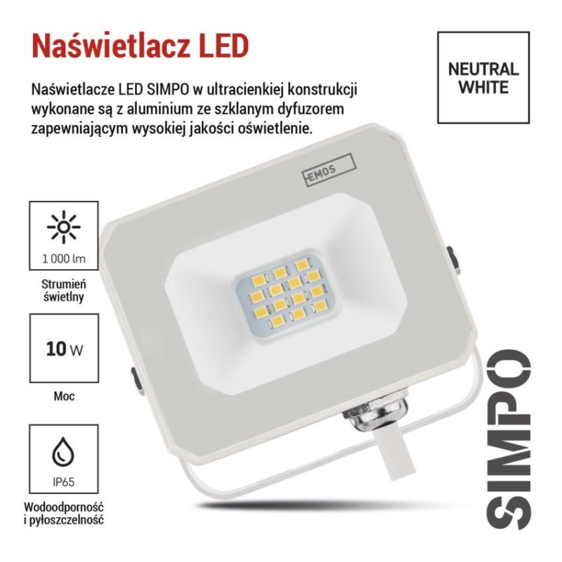 Naświetlacz LED SIMPO 10 W, biały, neutralna biel