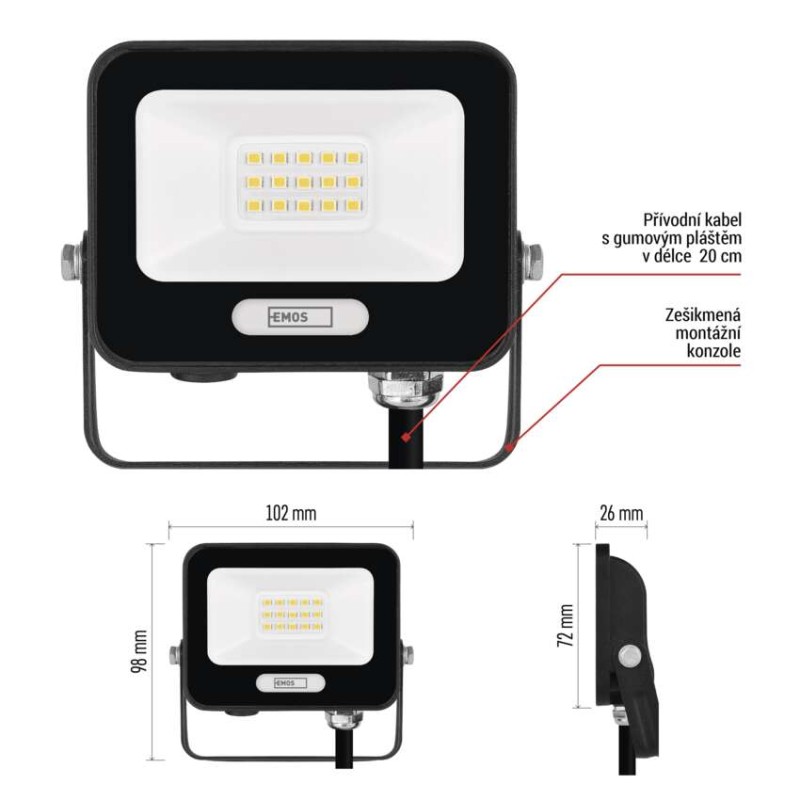 LED reflektor GLARO 10W, černý, IP65, 1000 lm, neutrální bílá