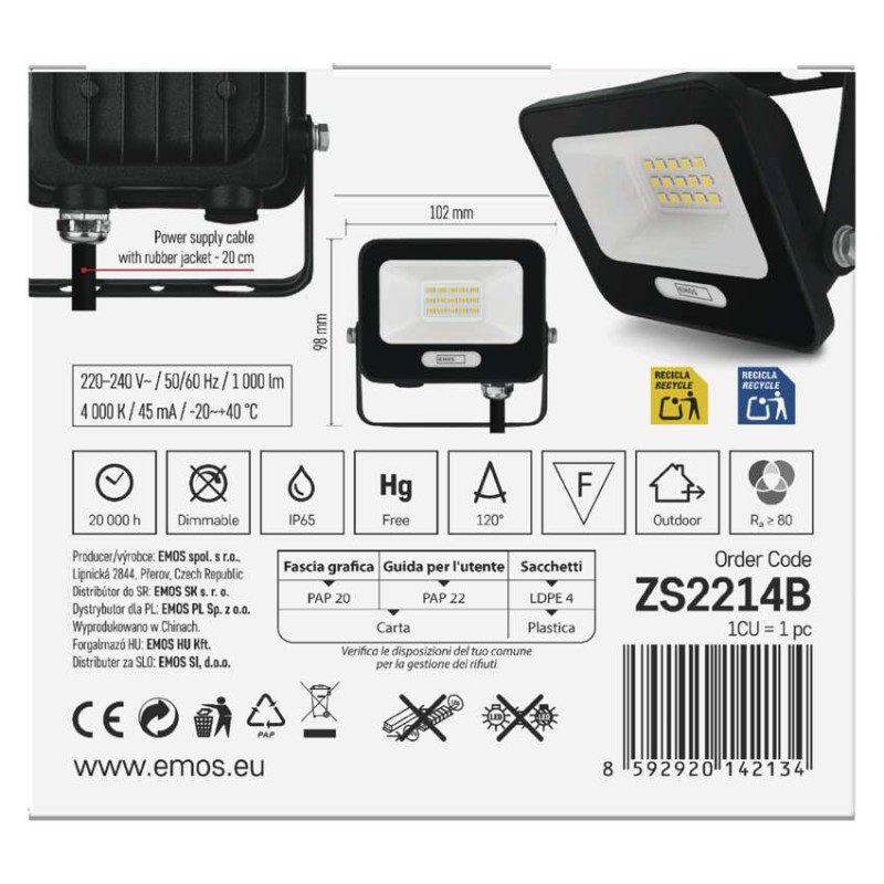 LED reflektor GLARO 10W, fekete, IP65, 1000 lm, természetes fehér