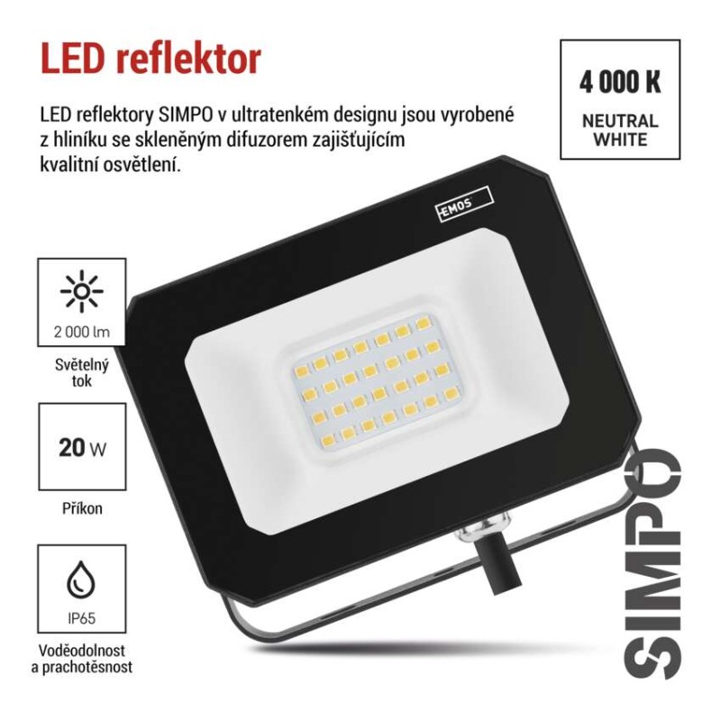 LED reflektor SIMPO 20 W, černý, neutrální bílá
