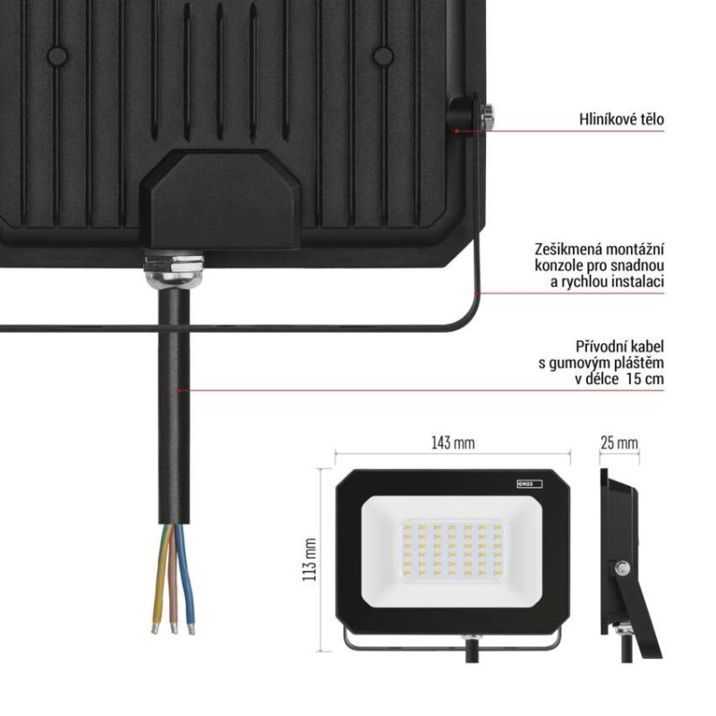LED reflektor SIMPO 20 W, černý, neutrální bílá