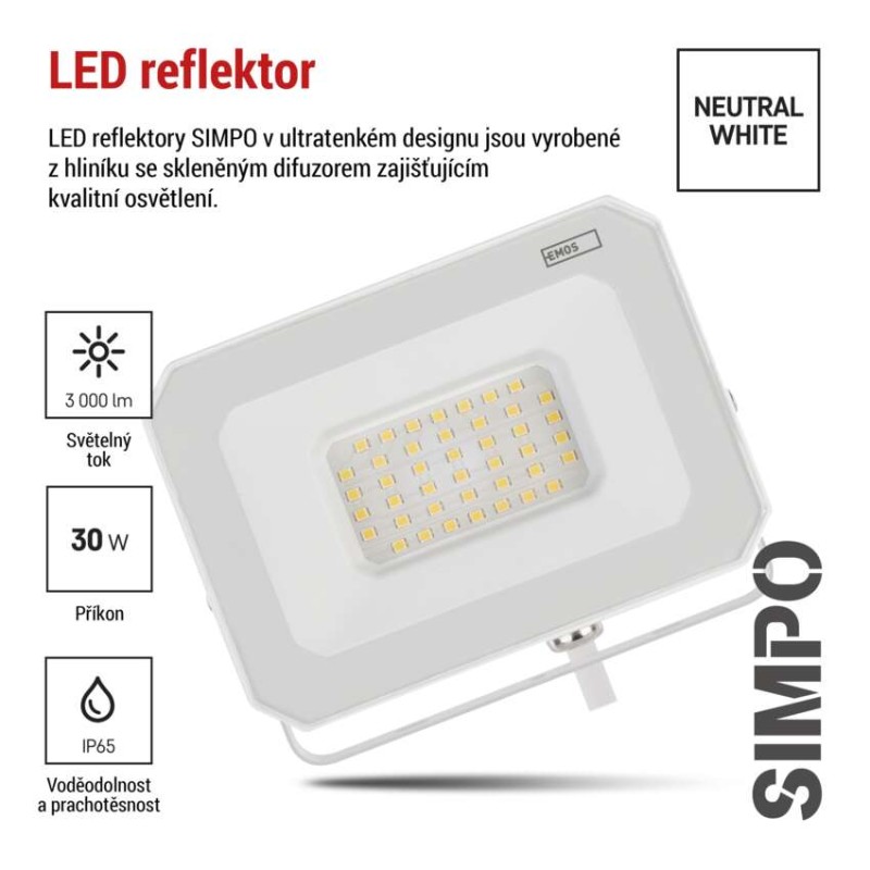 LED reflektor SIMPO 30W, bílý, IP65, 3000 lm, neutrální bílá
