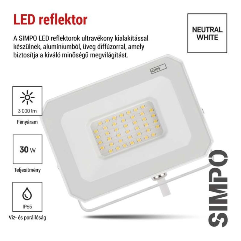 LED reflektor SIMPO 30W, fehér, IP65, 3000 lm, természetes fehér