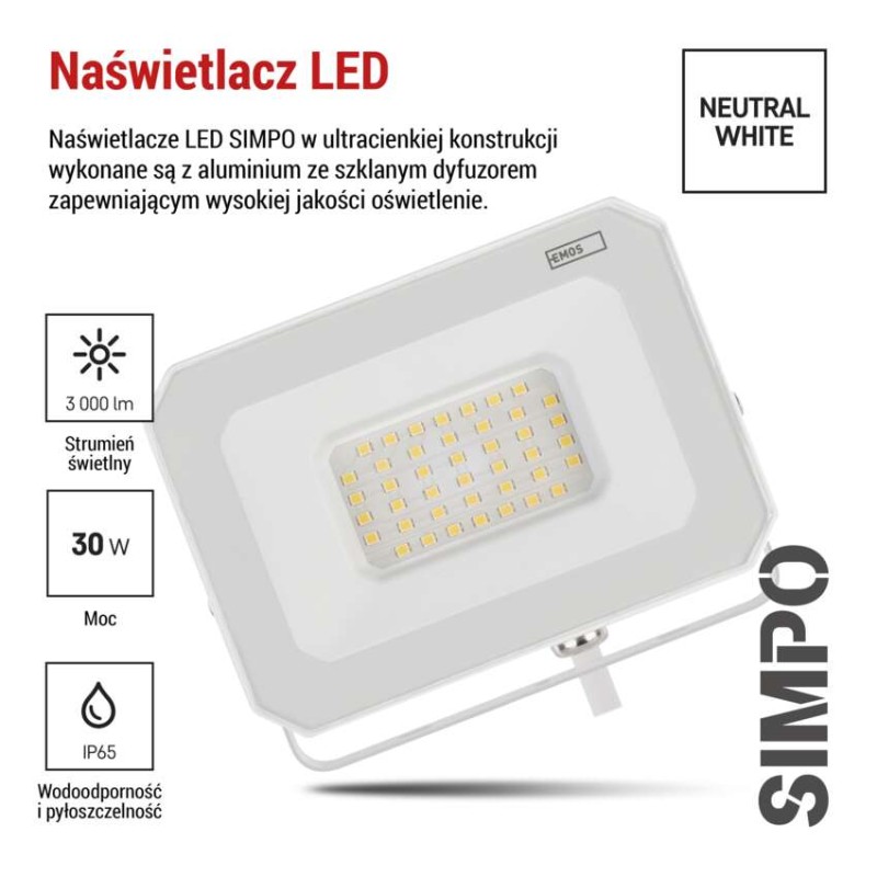 Naświetlacz LED SIMPO 30W, biały, neutralna biel