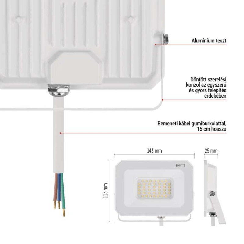 LED reflektor SIMPO 30W, fehér, IP65, 3000 lm, természetes fehér