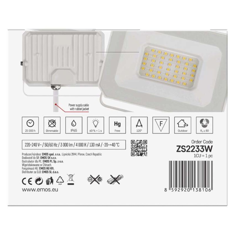 LED reflektor SIMPO 30W, fehér, IP65, 3000 lm, természetes fehér