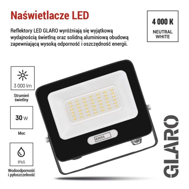 Naświetlacz LED GLARO 30W, czarny, IP65, 3000 lm, neutralna biel