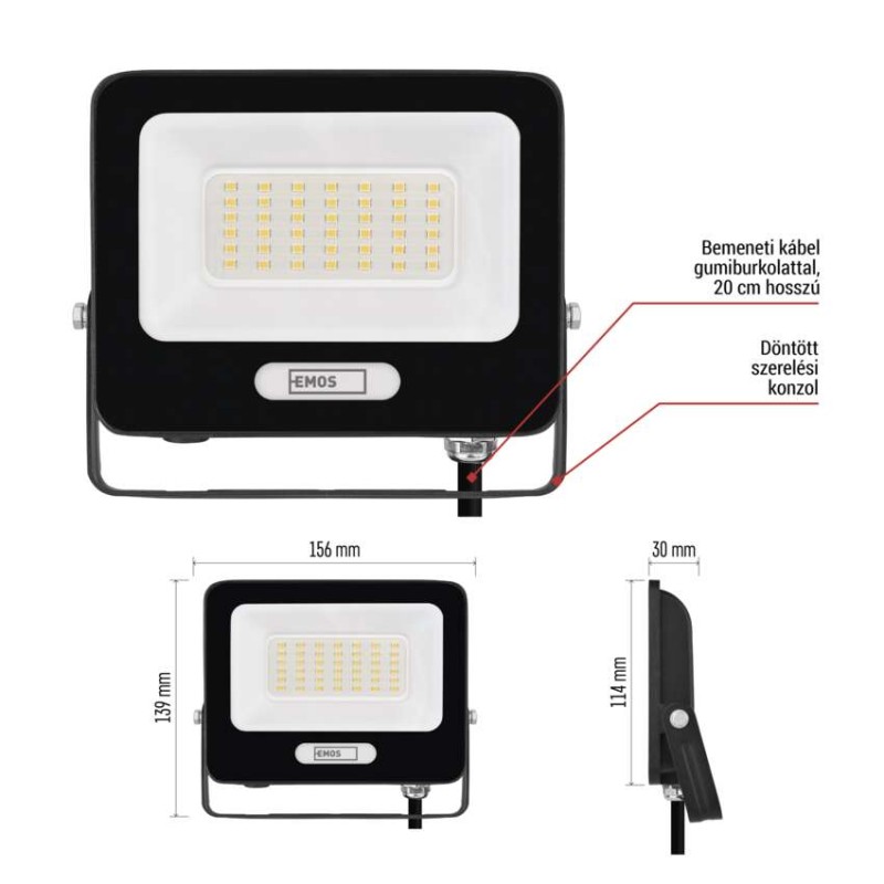 LED reflektor GLARO 30W, fekete, IP65, 3000 lm, természetes fehér