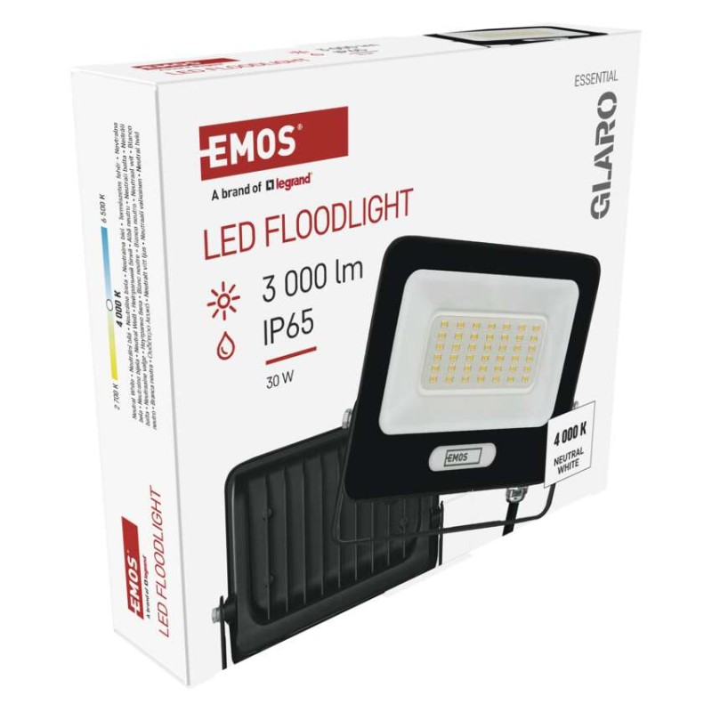 LED reflektor GLARO 30W, fekete, IP65, 3000 lm, természetes fehér
