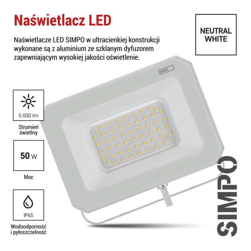 Naświetlacz LED SIMPO 50W, biały, neutralna biel