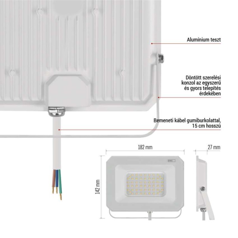 LED reflektor SIMPO 50W, fehér, IP65, 5000 lm, természetes fehér