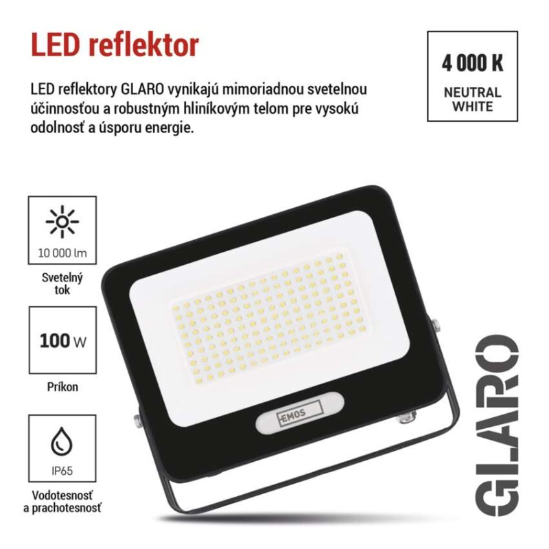 LED reflektor GLARO 100W, čierny, IP65, 10000 lm, neutrálna biela