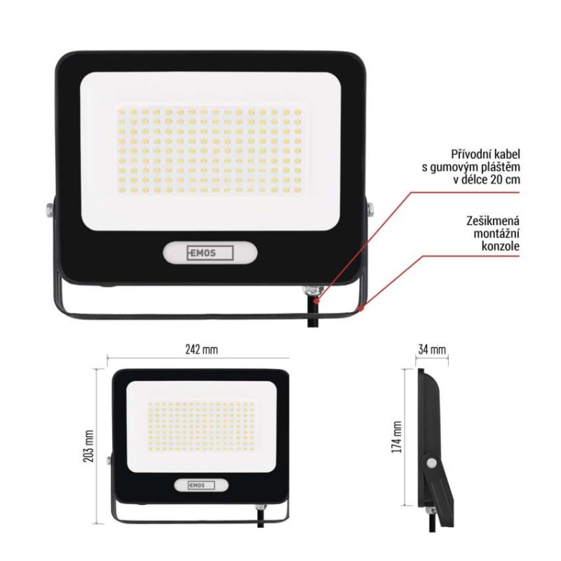 LED reflektor GLARO 100W, černý, IP65, 10000 lm, neutrální bílá