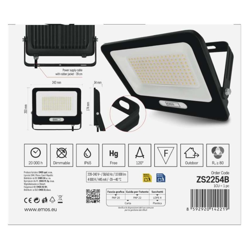 LED reflektor GLARO 100W, fekete, IP65, 10000 lm, természetes fehér